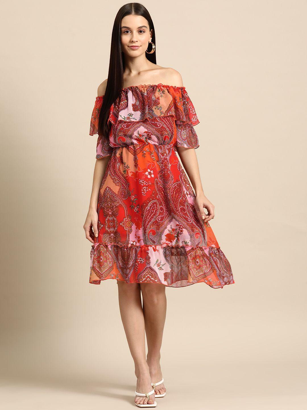 dodo & moa floral print off-shoulder flared sleeve layered georgette a-line dress