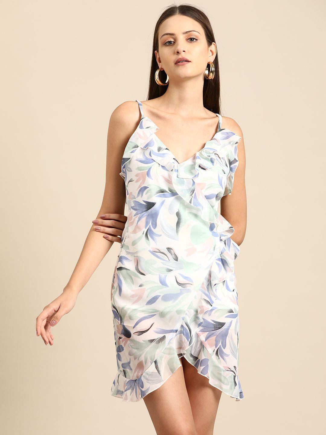 dodo & moa floral print ruffled crepe sheath dress