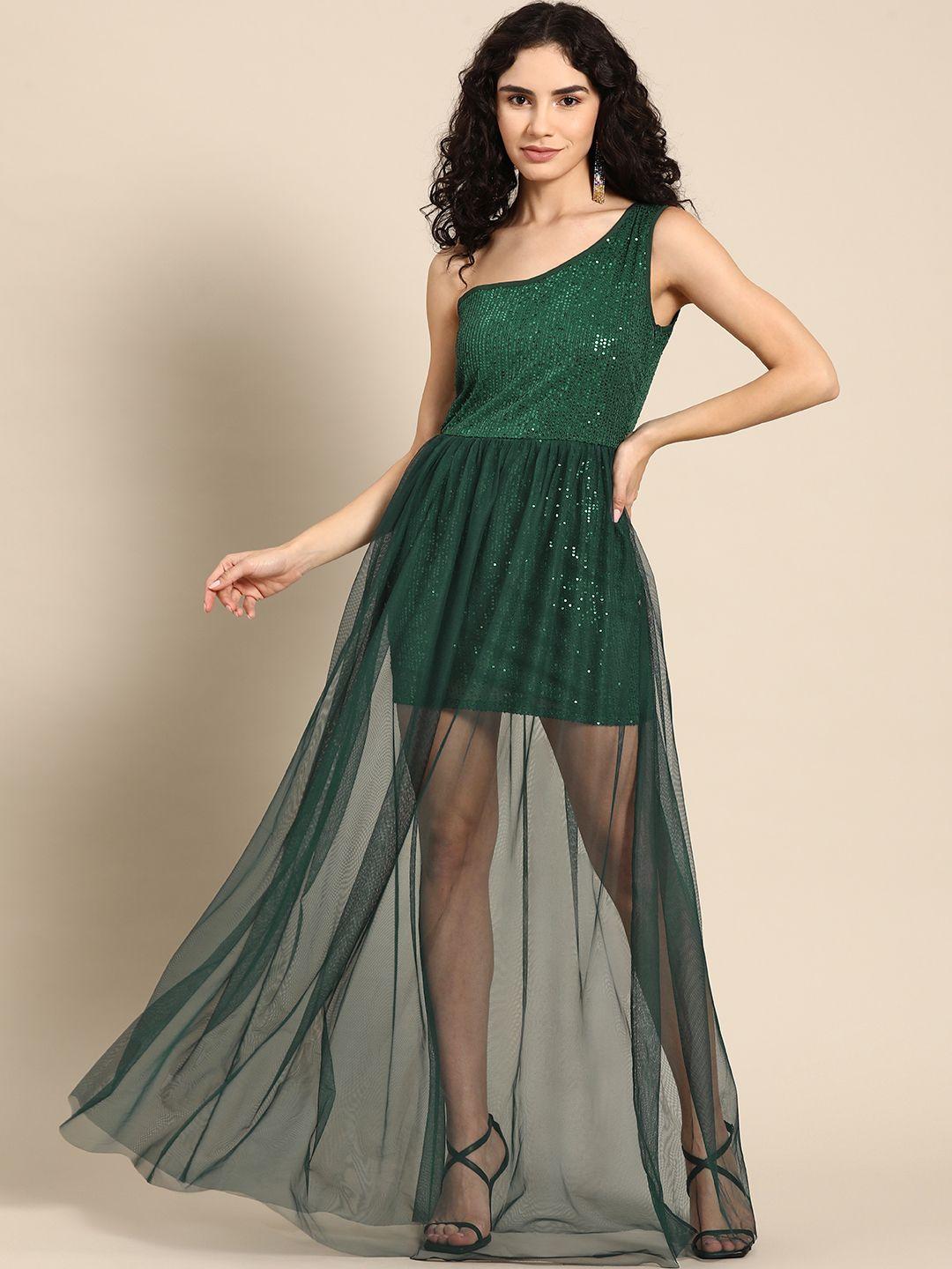 dodo & moa green embellished one shoulder maxi dress