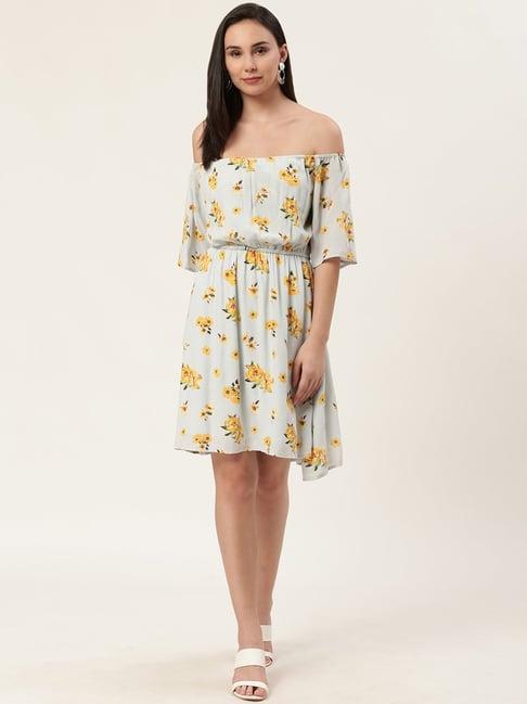 dodo & moa light blue & mustard floral print fit & flare dress