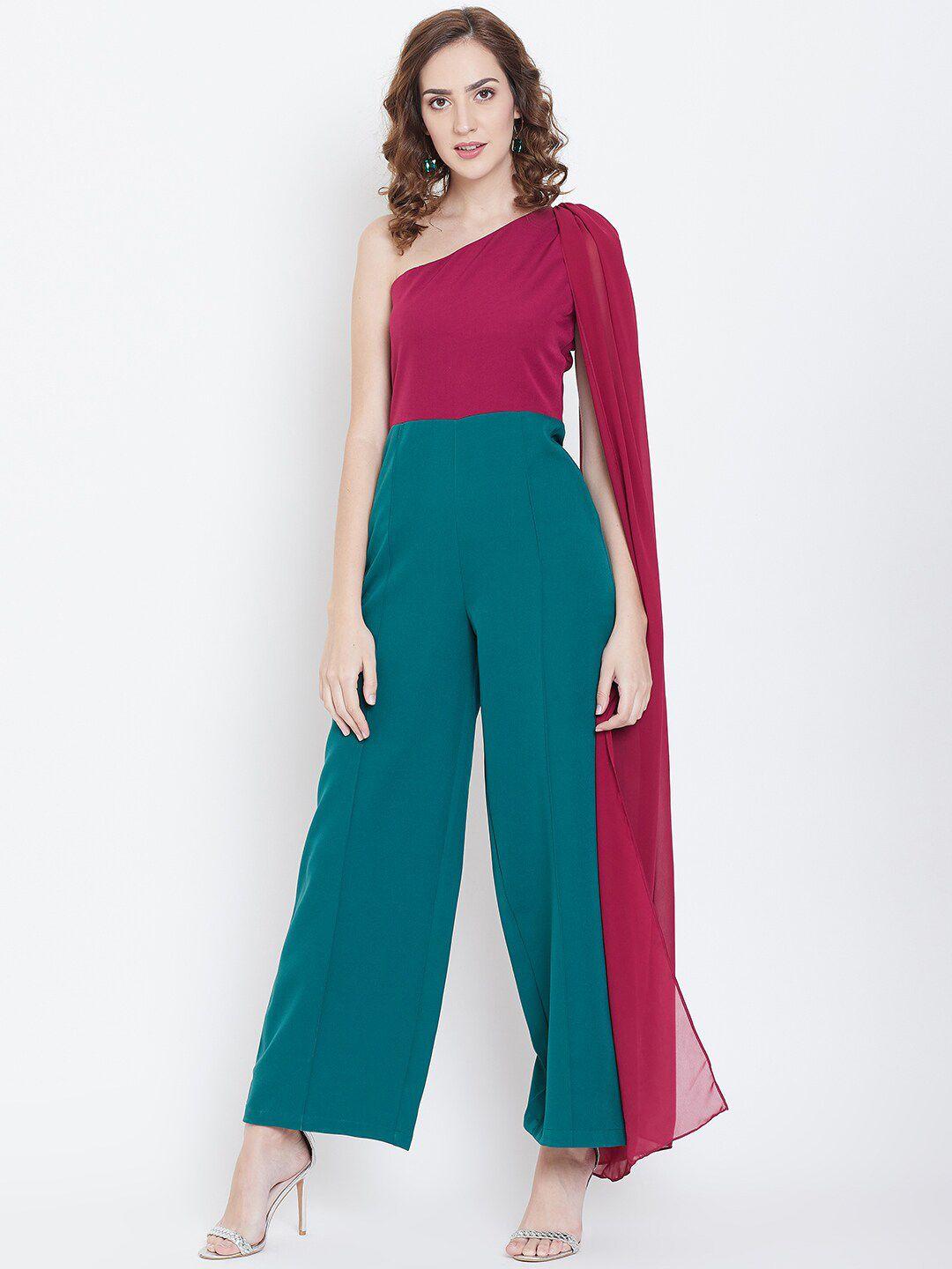 dodo & moa magenta & teal colourblocked one shoulder jumpsuit