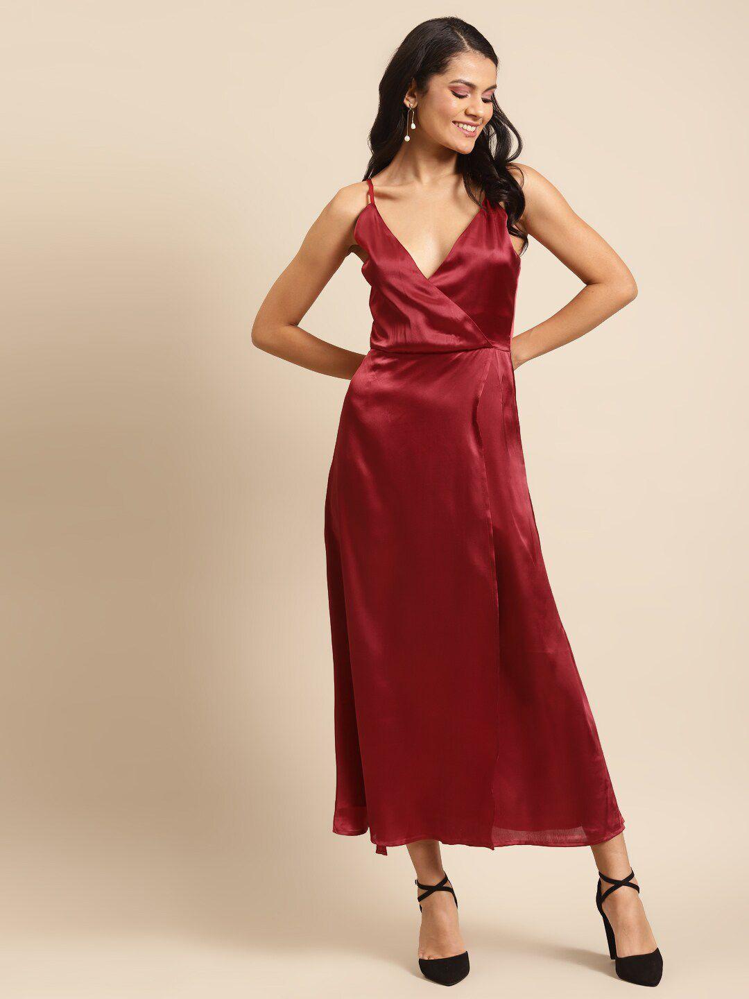 dodo & moa maroon solid satin maxi dress