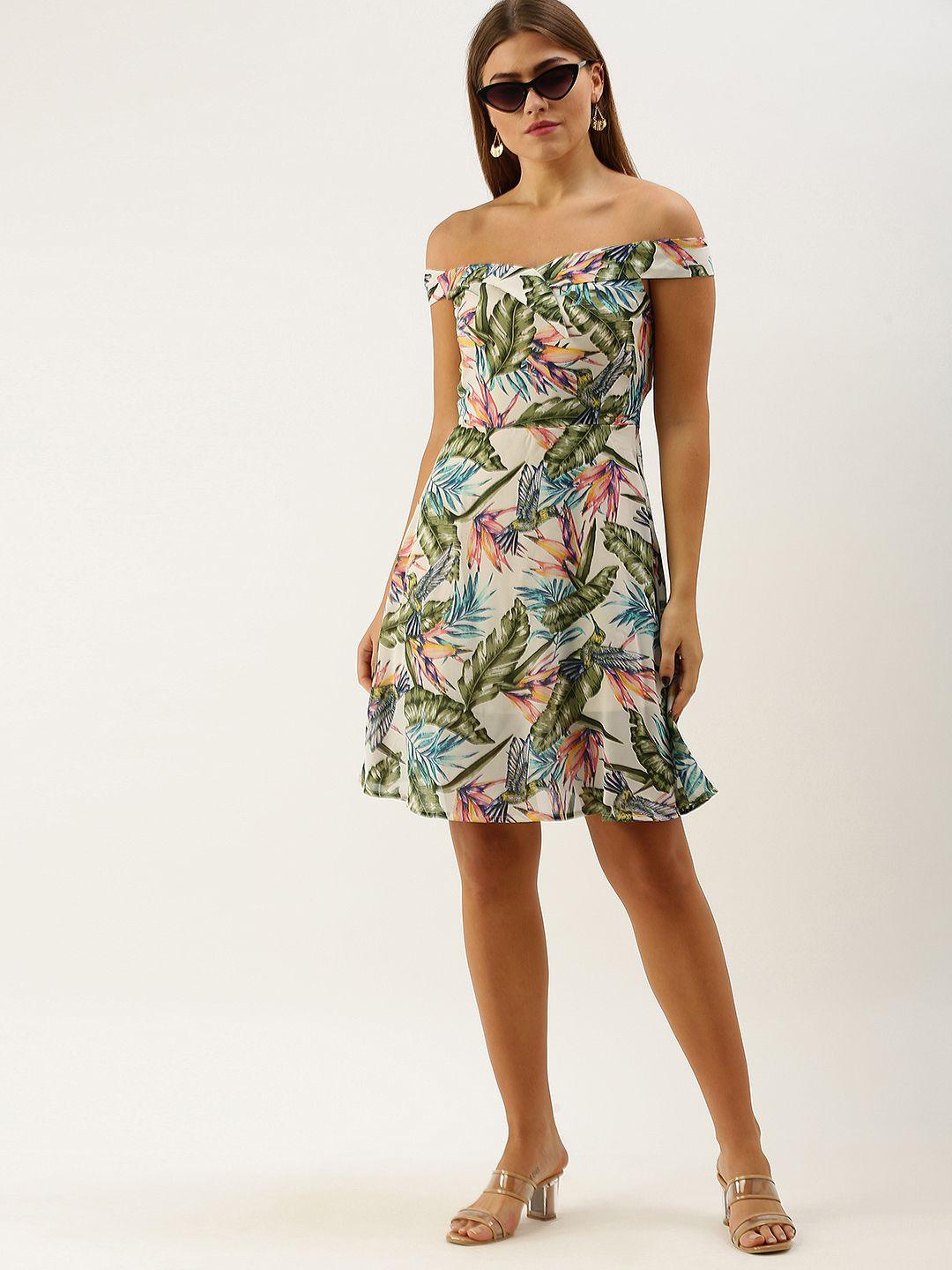 dodo & moa multi-color tropical print off-shoulder crepe dress