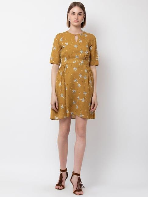 dodo & moa mustard printed fit & flare dress