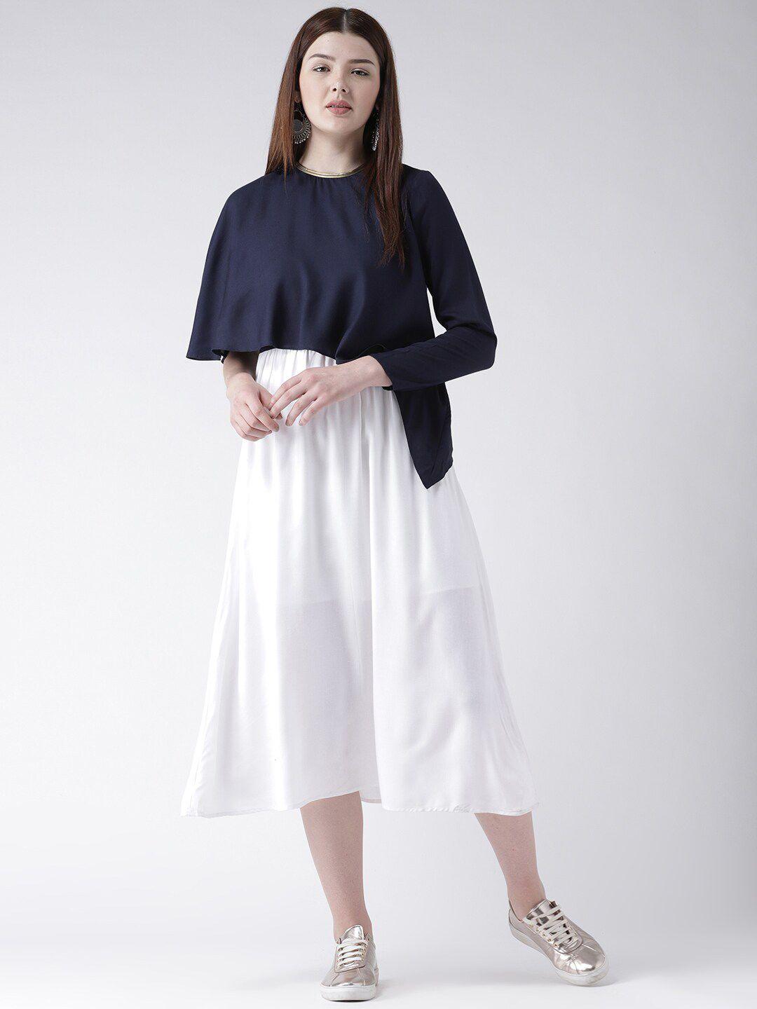dodo & moa navy blue & white colourblocked crepe a-line midi dress