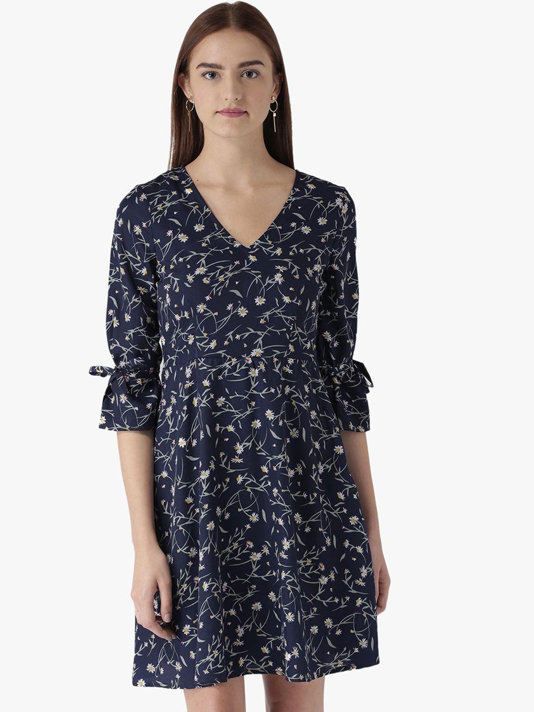 dodo & moa navy blue floral print bell sleeve crepe fit & flare dress
