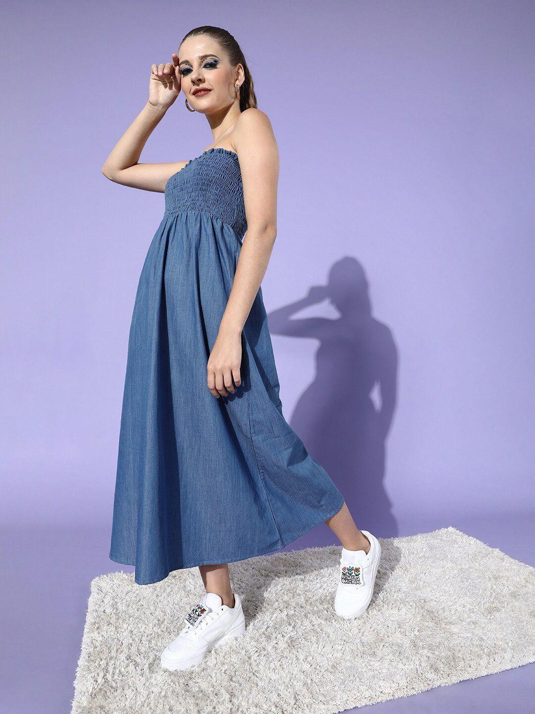 dodo & moa navy blue strapless denim fit & flare dress