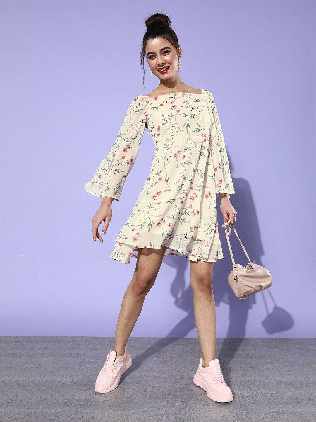 dodo & moa off white floral printed flared sleeves georgette a-line mini dress