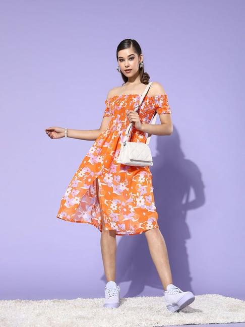 dodo & moa orange floral print fit & flare dress