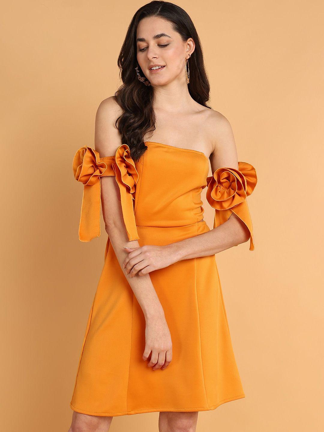 dodo & moa orange off-shoulder scuba a-line dress