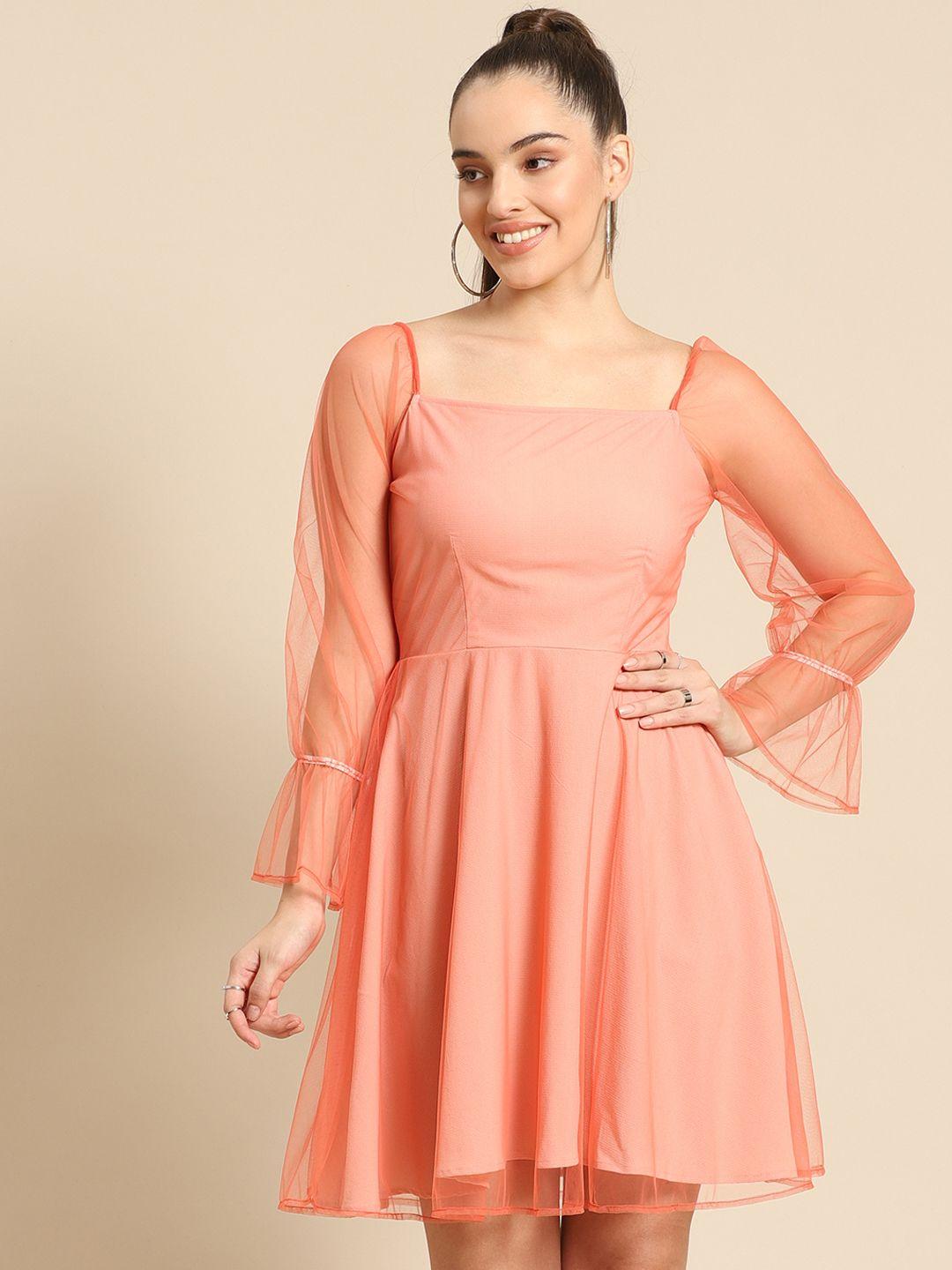 dodo & moa peach-coloured solid fit & flare net dress