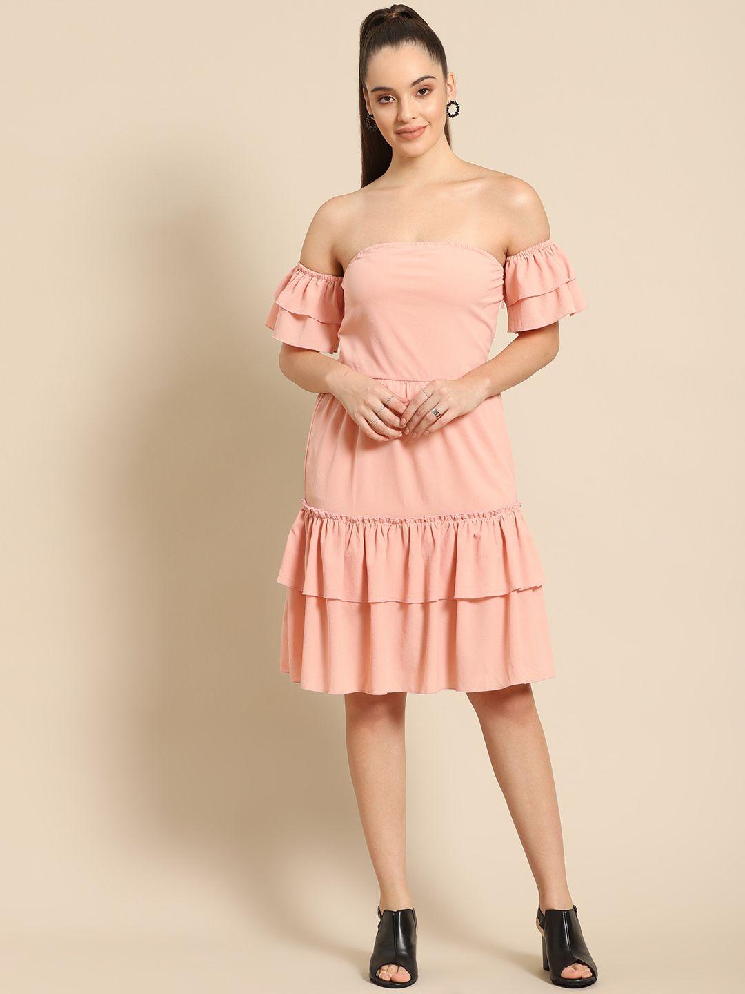 dodo & moa peach-coloured solid off-shoulder crepe a-line dress