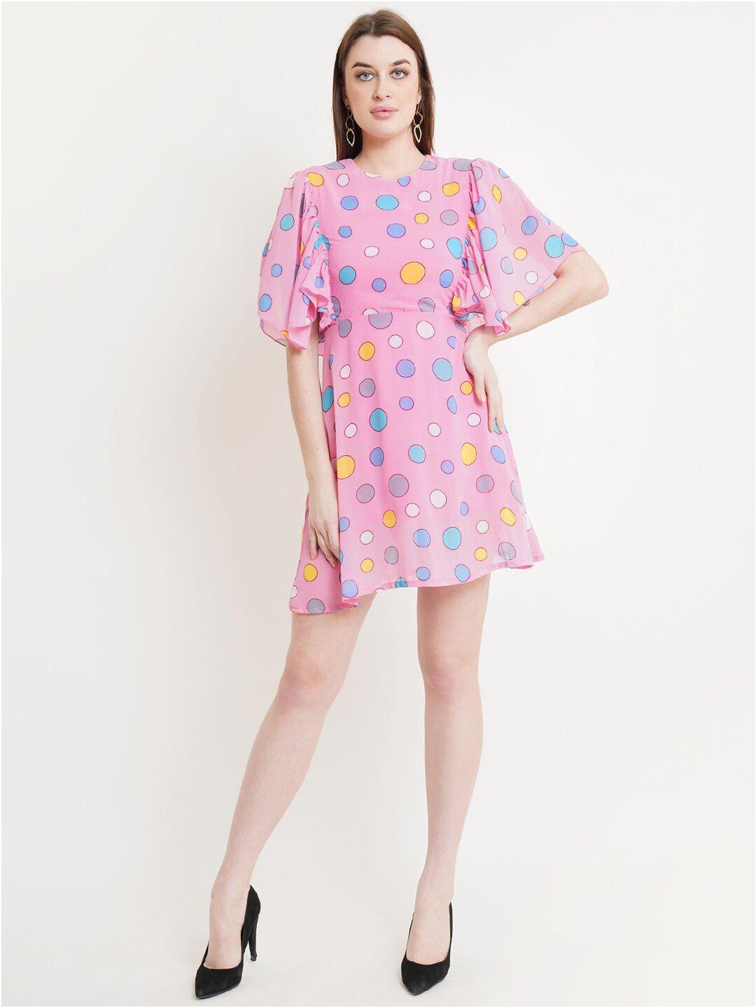 dodo & moa pink & blue printed flared sleeves georgette dress