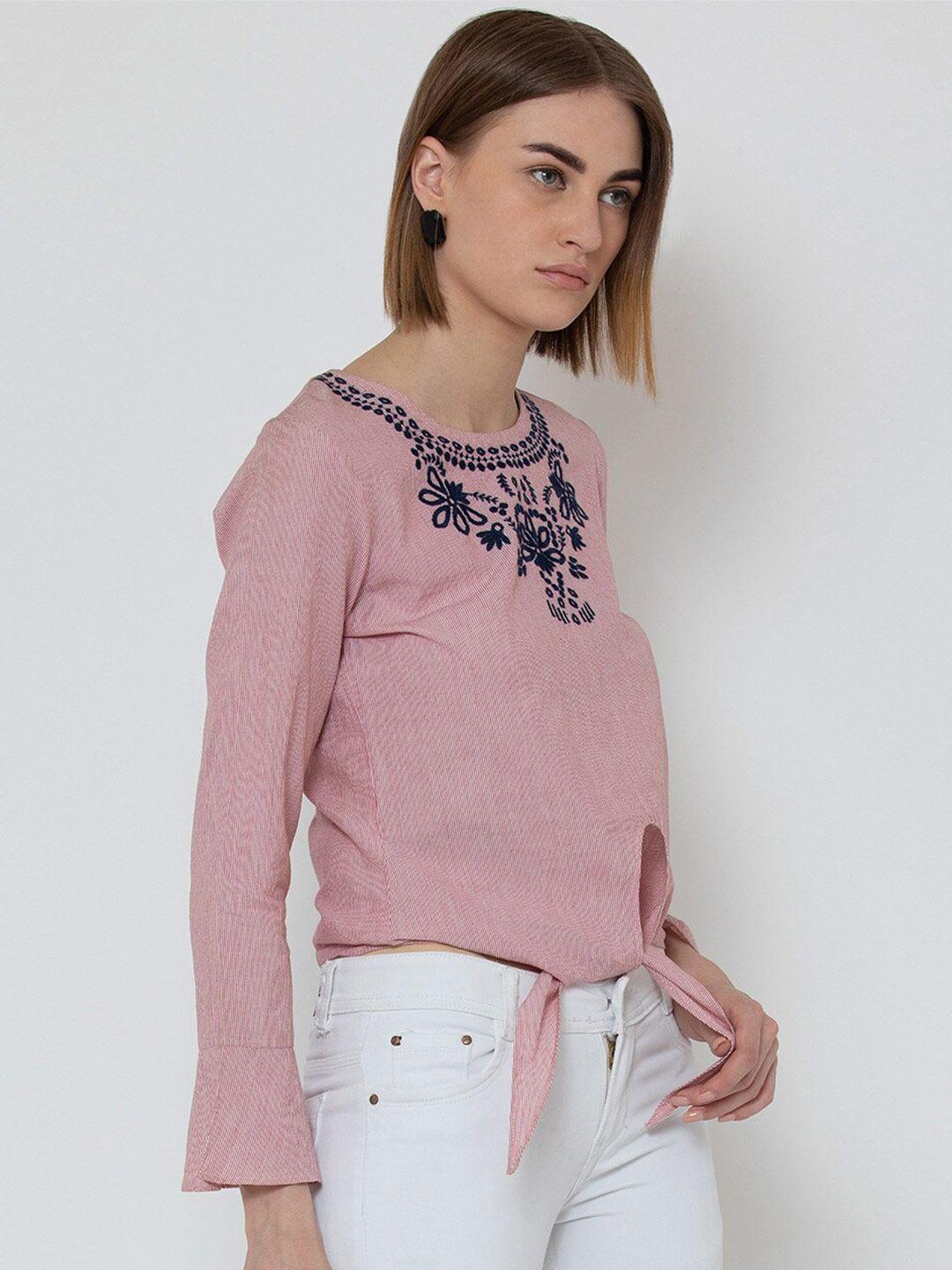 dodo & moa pink round neck embroidered bell sleeves cotton top