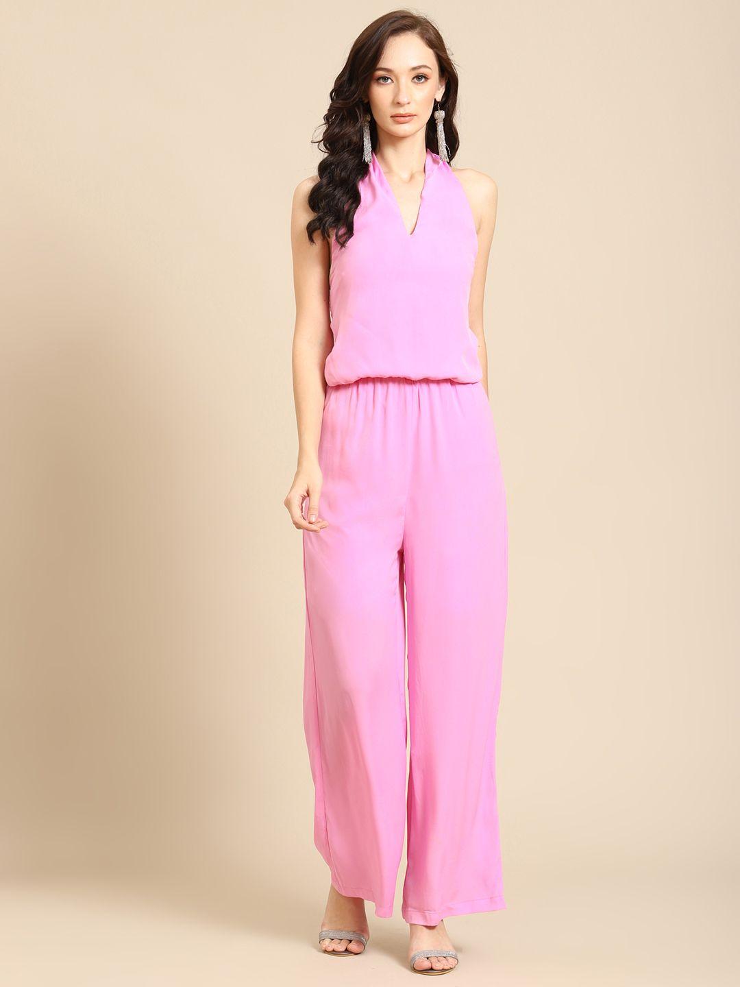 dodo & moa pink solid halter neck basic jumpsuit