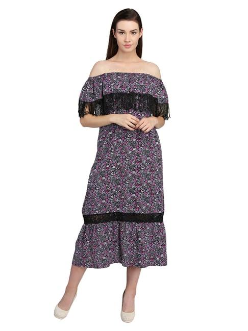 dodo & moa purple & black floral print midi dress