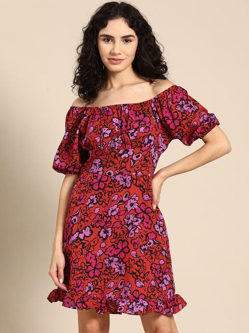 dodo & moa red floral print a line dress