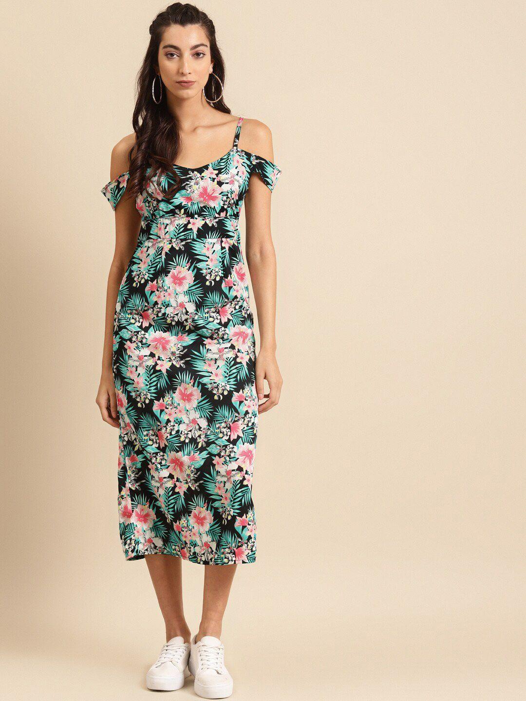 dodo & moa tropical printed cold-shoulder sheath midi dress