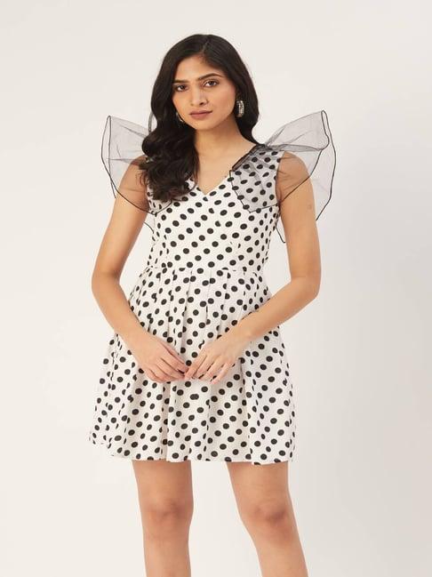 dodo & moa white & black polka dot fit & flare dress