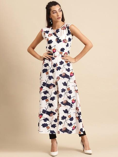 dodo & moa white & navy floral print a line kurta