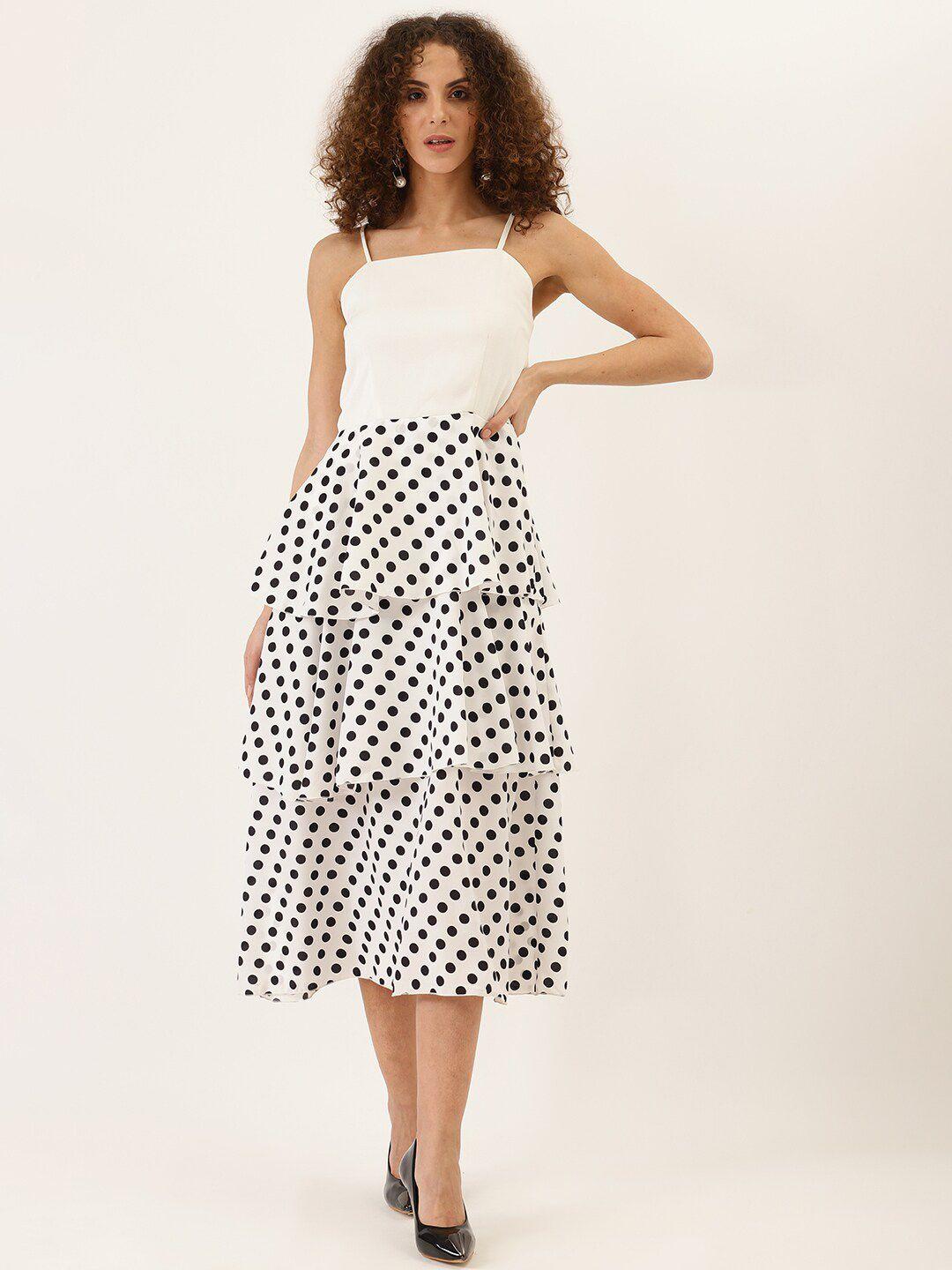 dodo & moa white polka dot print layered crepe fit & flare midi dress