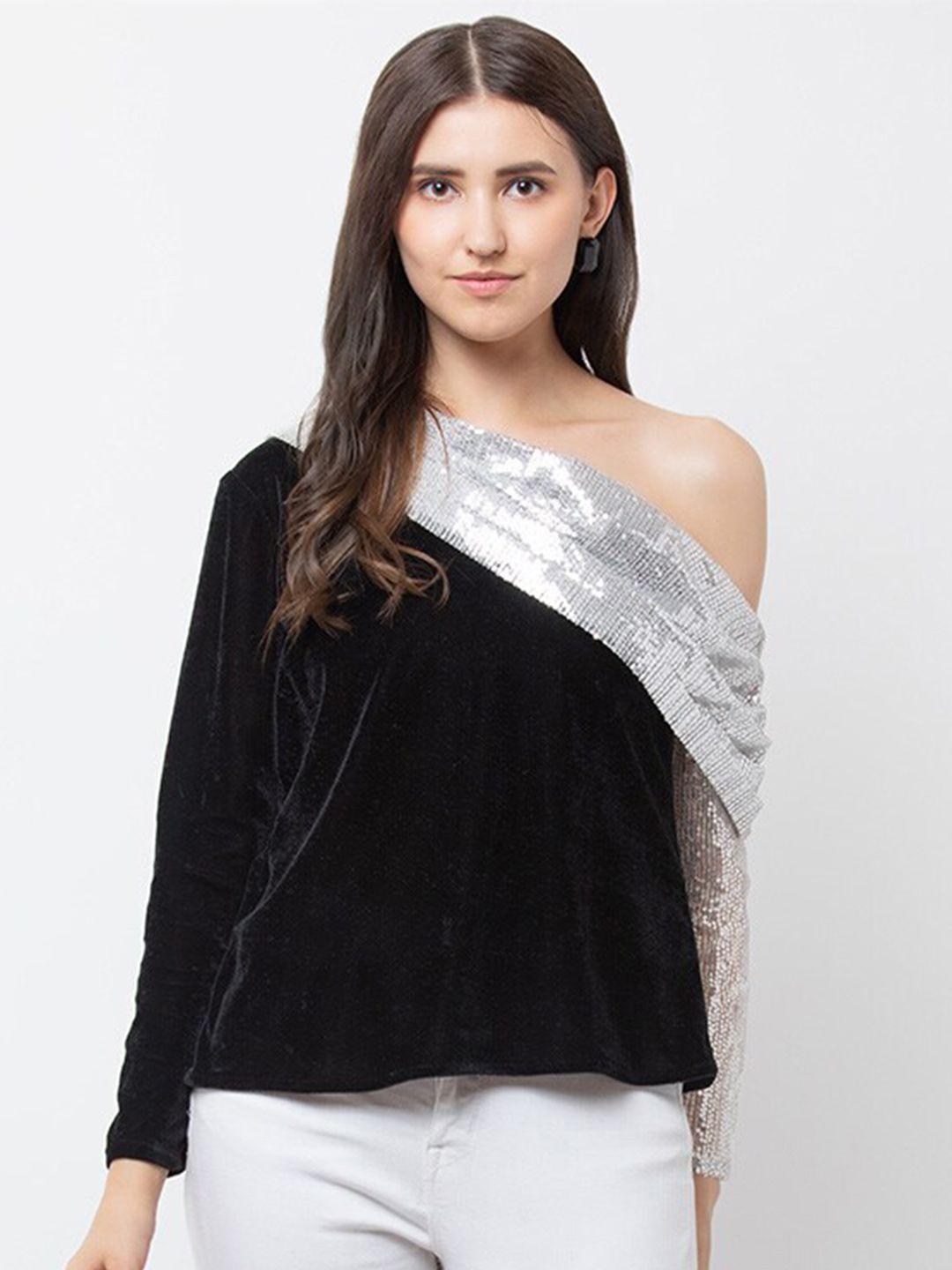 dodo & moa woman black one shoulder velvet colourblocked top