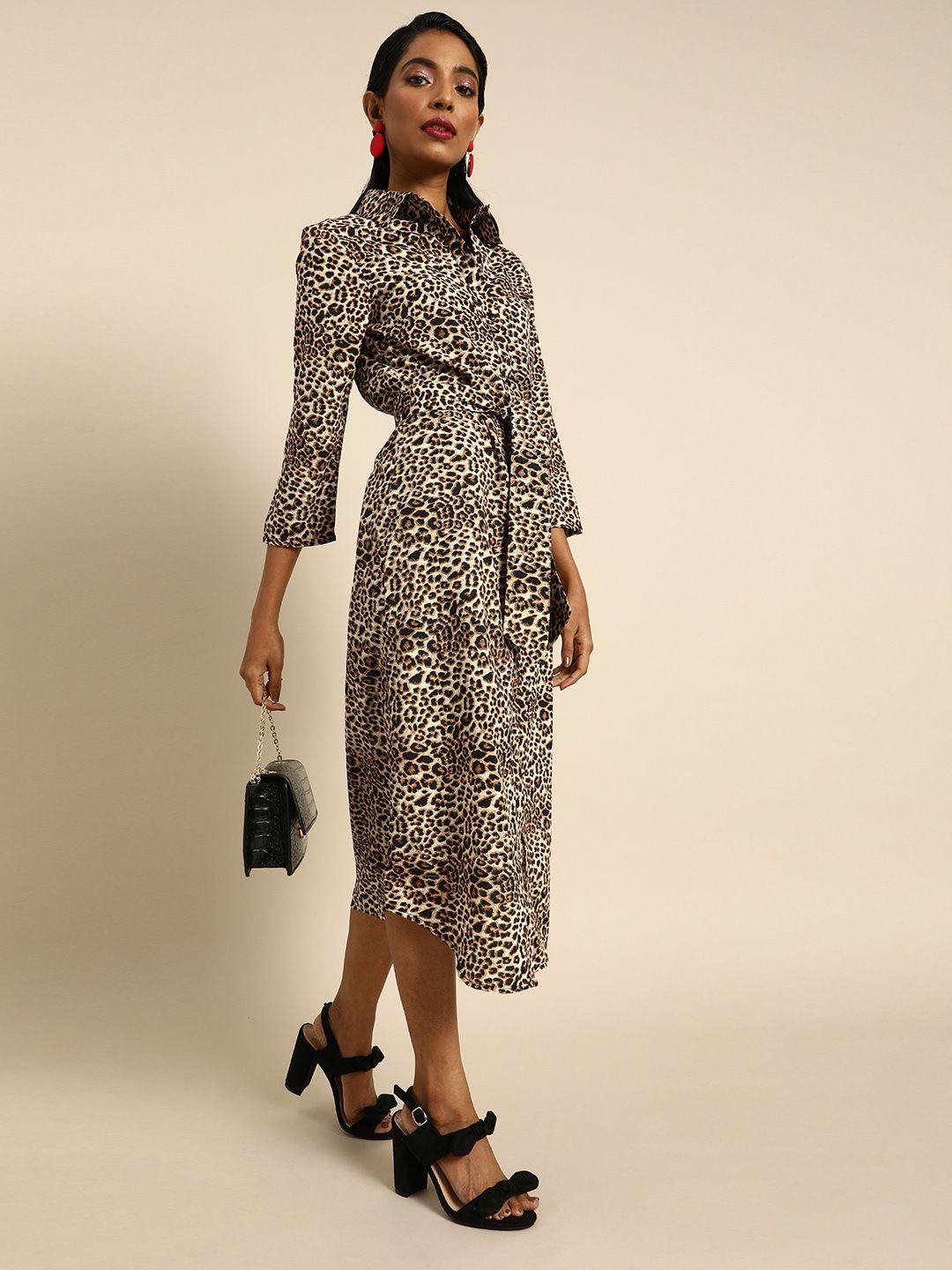 dodo & moa women beige printed a-line dress with tie-up