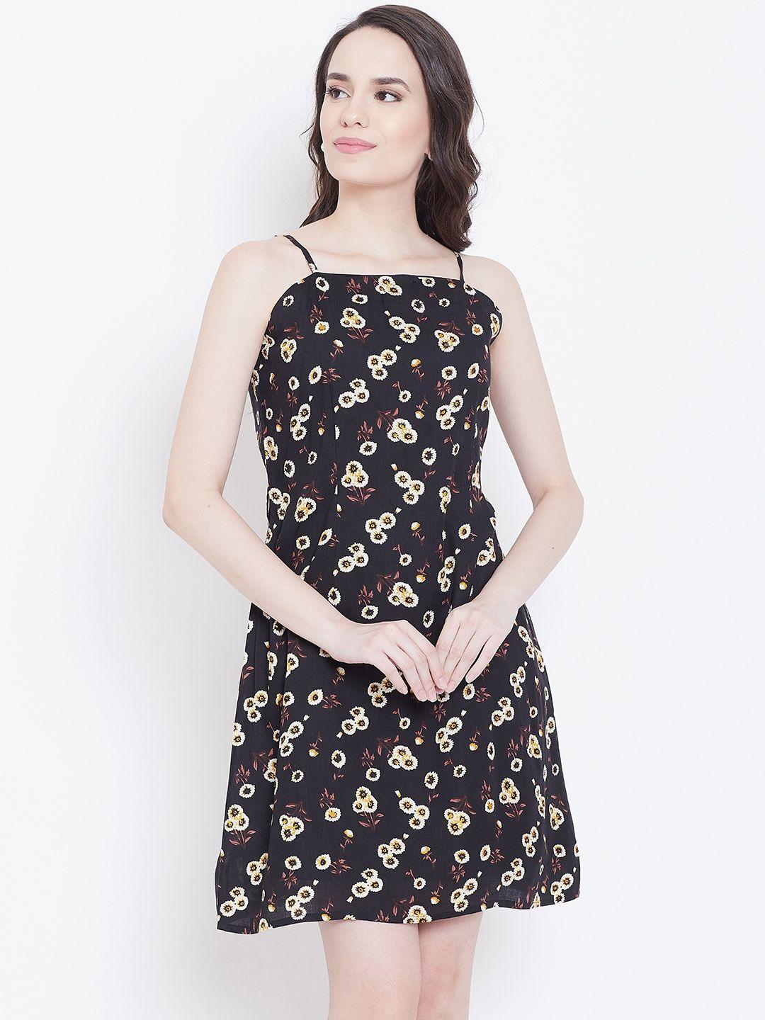 dodo & moa women black & cream-coloured printed a-line dress