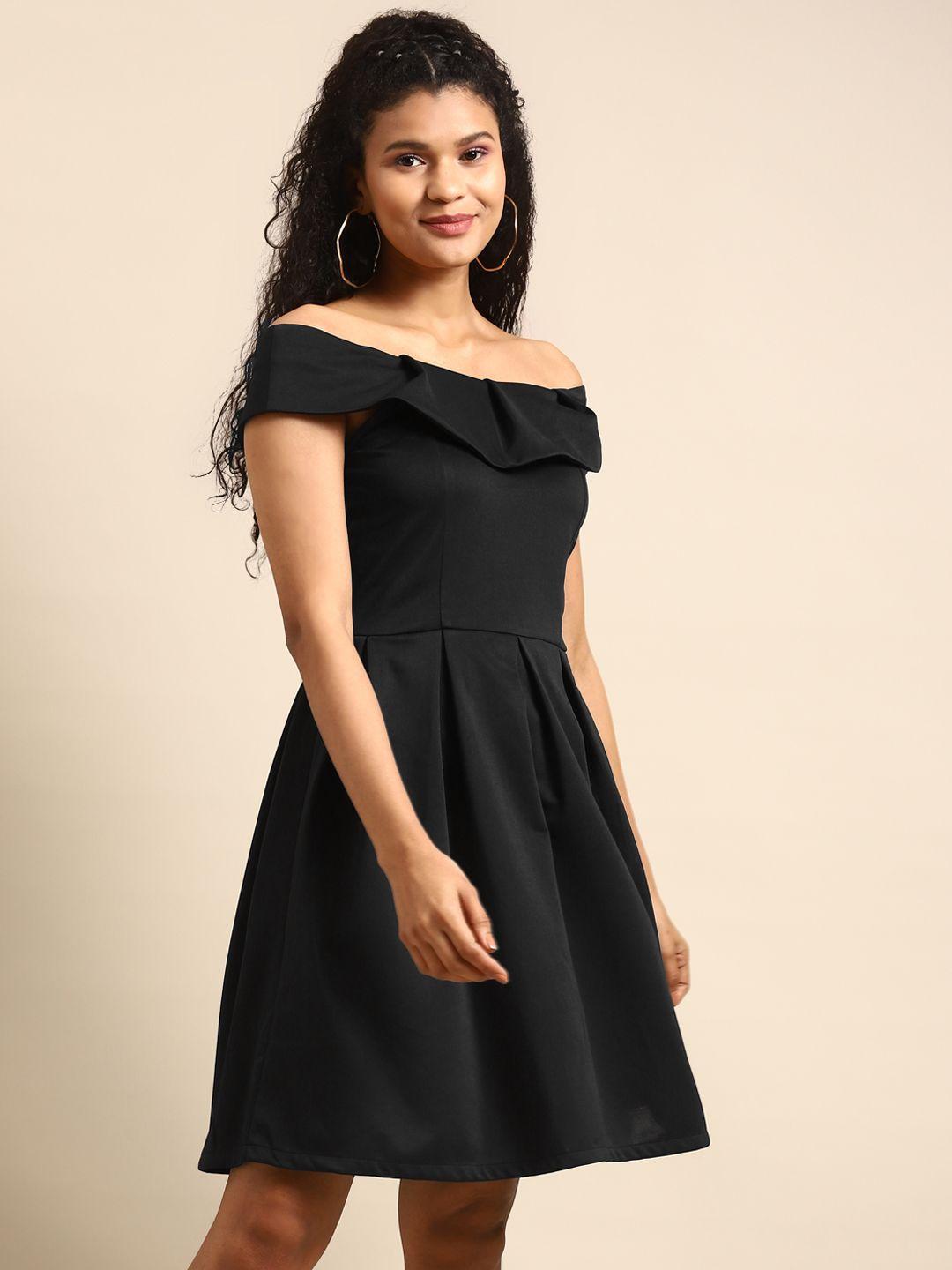 dodo & moa women black solid off-shoulder fit and flare dress