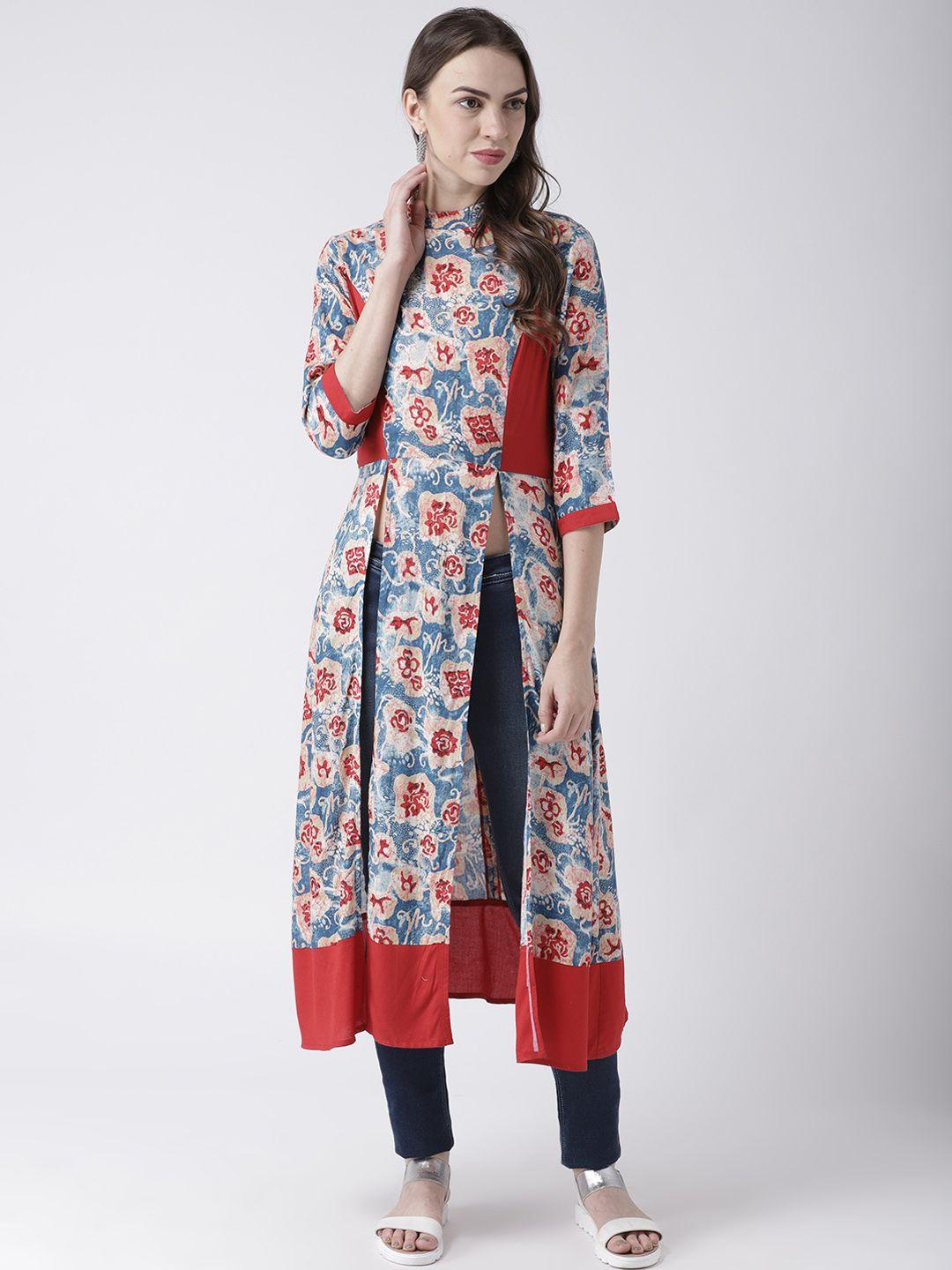 dodo & moa women blue & red printed straight kurta