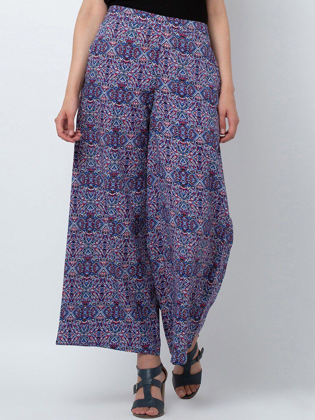 dodo & moa women blue ethnic motifs printed flared pleated parallel trousers