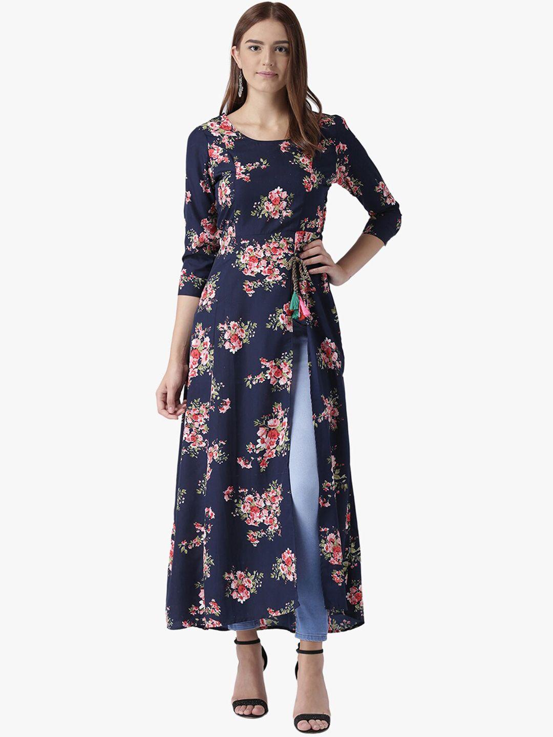 dodo & moa women blue floral printed a-line high slit kurta