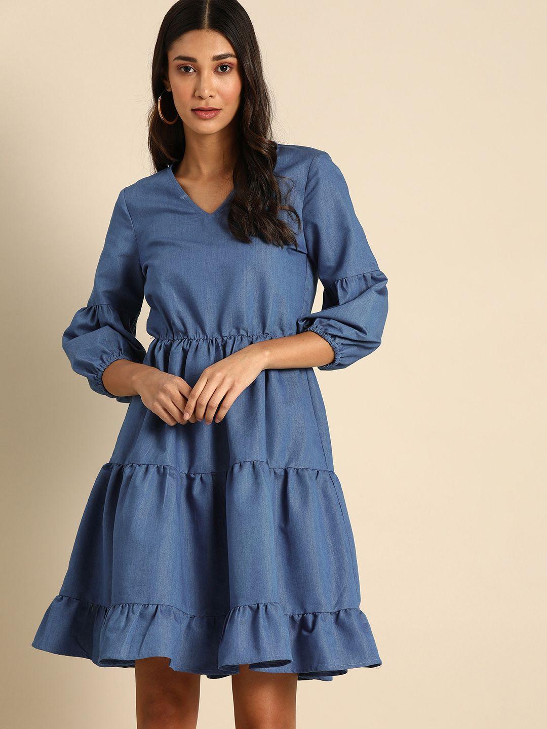 dodo & moa women blue solid tiered denim fit and flare dress