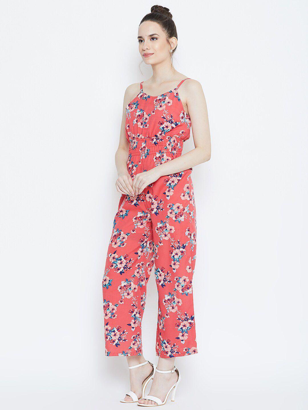 dodo & moa women coral pink & blue printed basic jumpsuit