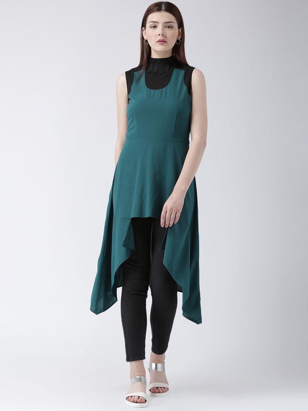 dodo & moa women green & black colourblocked asymmetric straight kurta