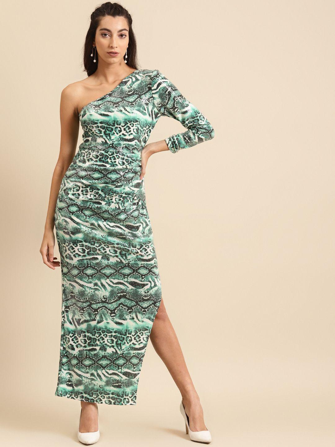 dodo & moa women green printed sequined side slit maxi dress