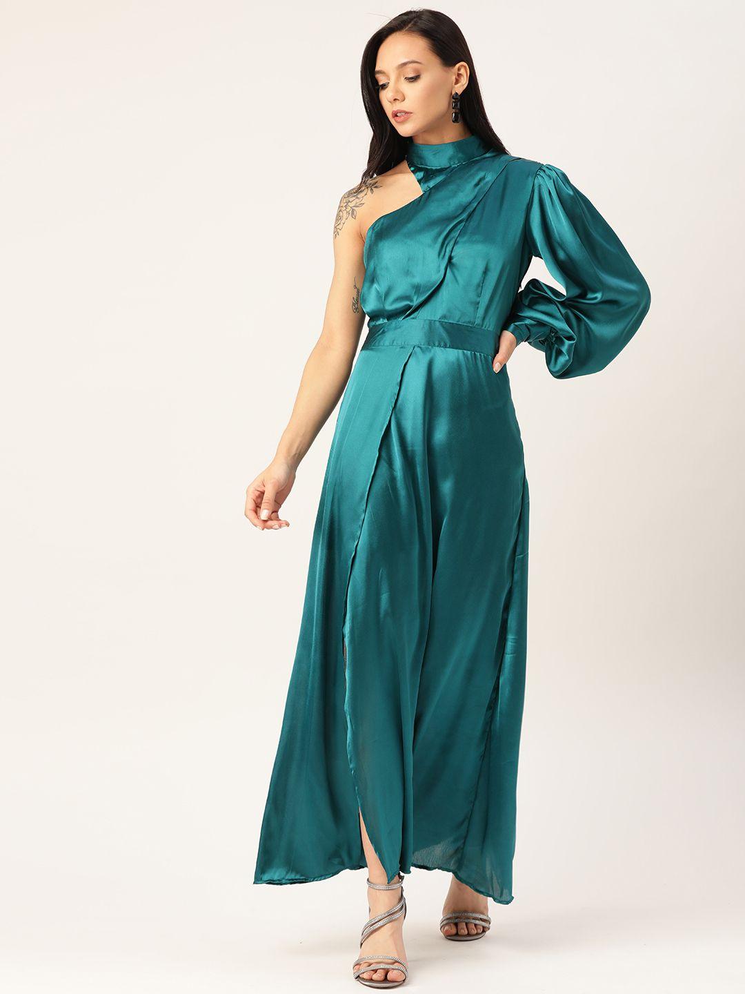 dodo & moa women green satin finish solid one-shoulder wrap maxi dress