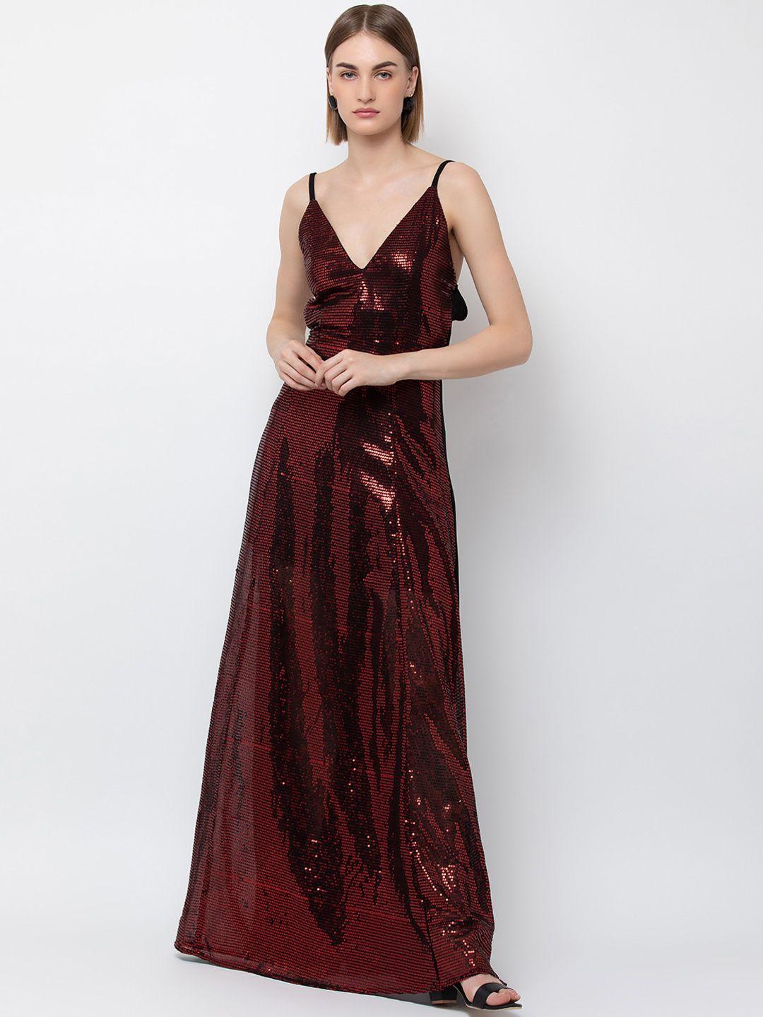 dodo & moa women maroon & black sequinned maxi dress