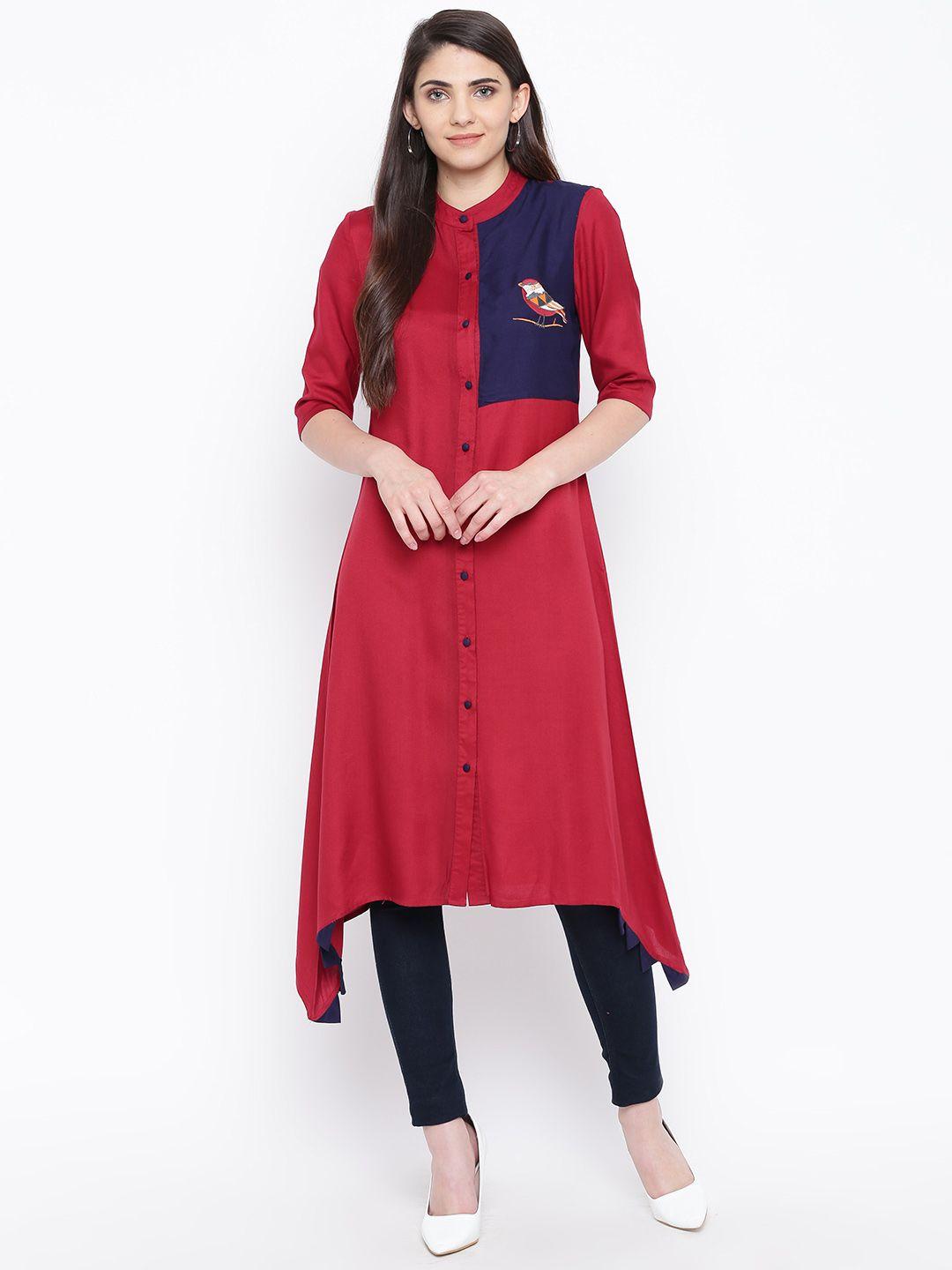 dodo & moa women maroon & navy blue solid a-line kurta