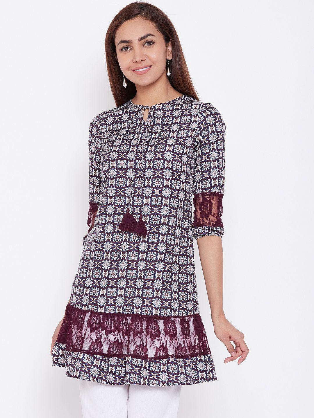 dodo & moa women maroon & off-white printed a-line kurta