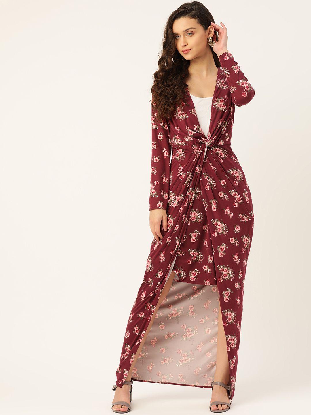 dodo & moa women maroon & pink floral print layered high-low maxi dress