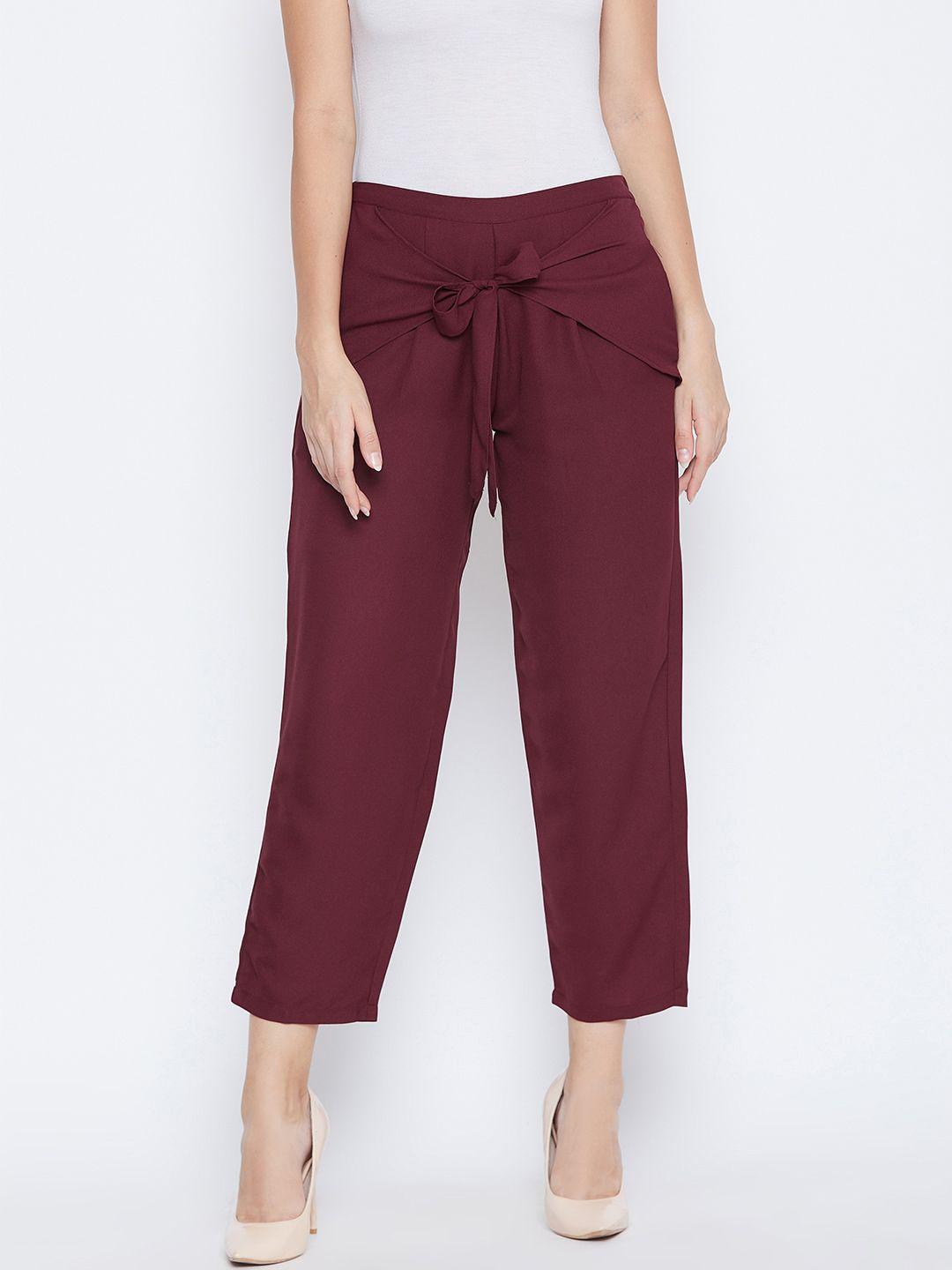 dodo & moa women maroon regular fit solid cropped trousers