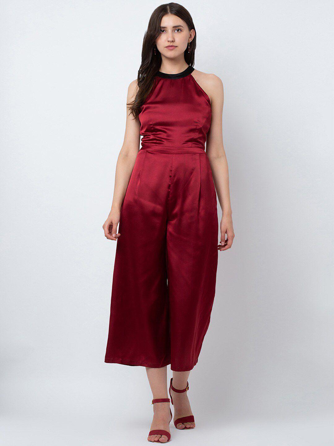 dodo & moa women maroon solid back tie up detail basic jumpsuit
