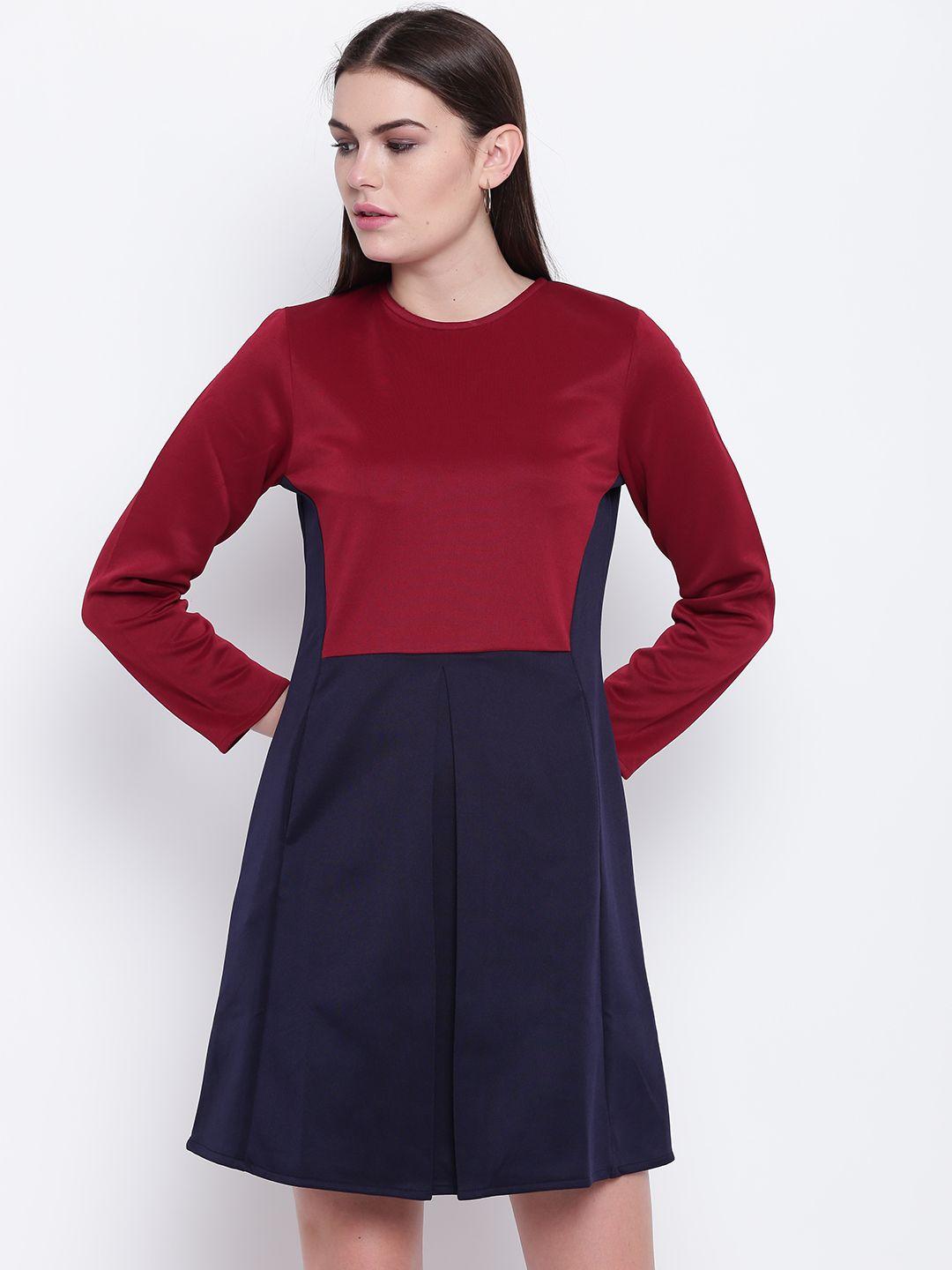 dodo & moa women navy blue & maroon colourblocked a-line dress