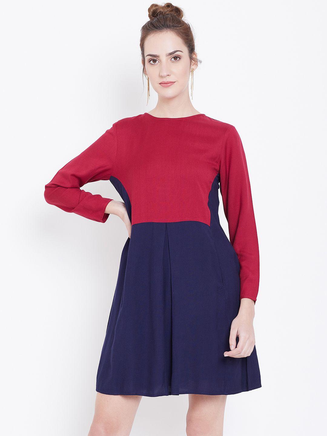 dodo & moa women navy blue & maroon colourblocked a-line dress