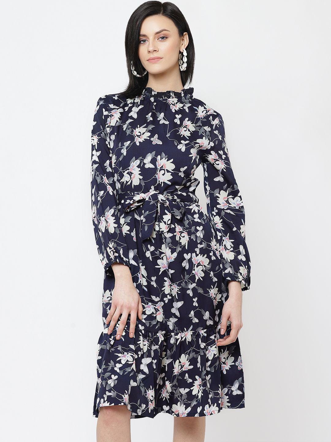 dodo & moa women navy blue & off-white floral printed a-line dress