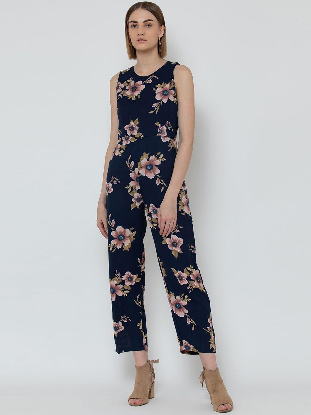 dodo & moa women navy blue & peach-coloured floral printed jumpsuit
