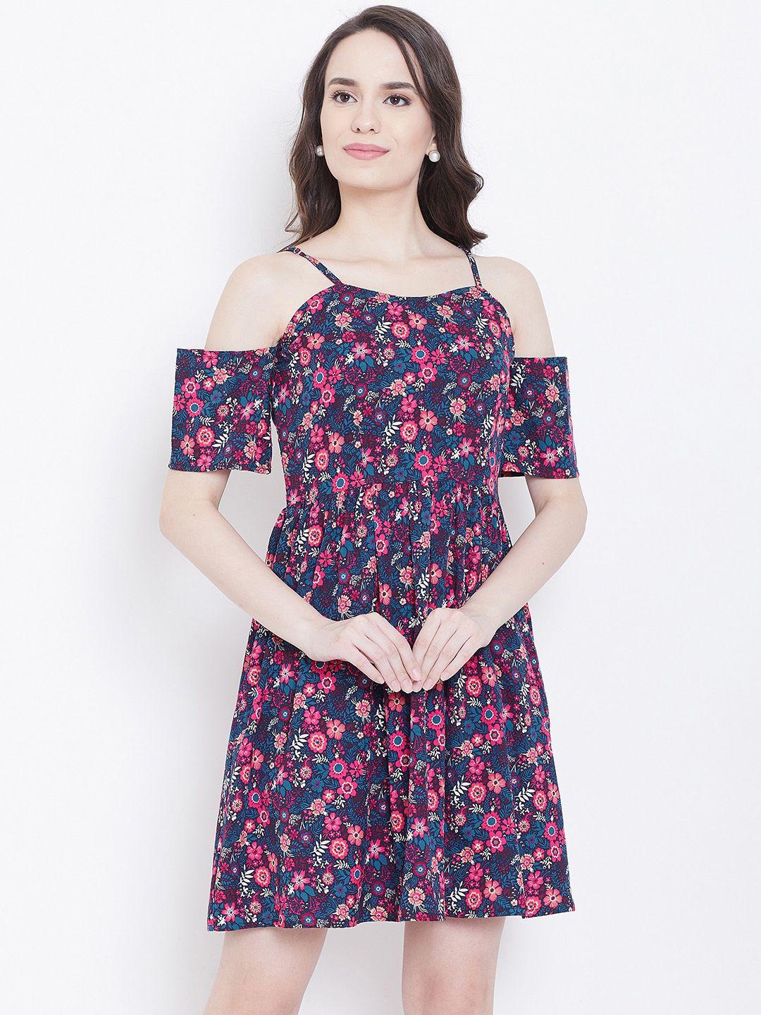 dodo & moa women navy blue & pink fit & flare dress