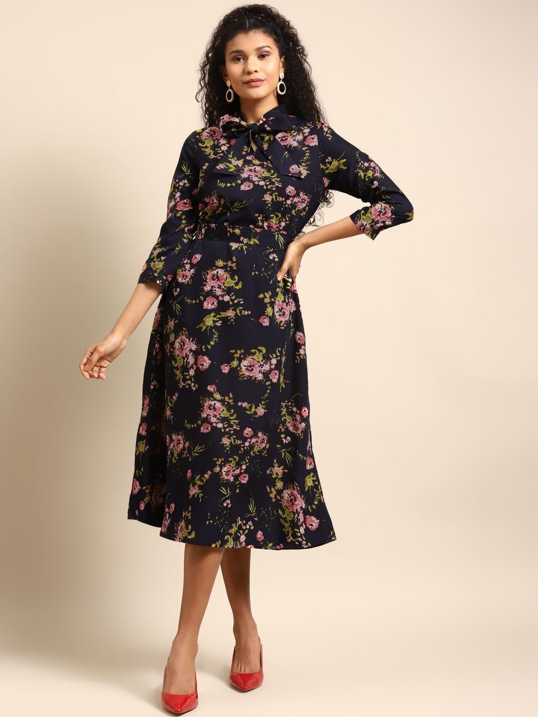dodo & moa women navy blue & pink floral printed a-line dress
