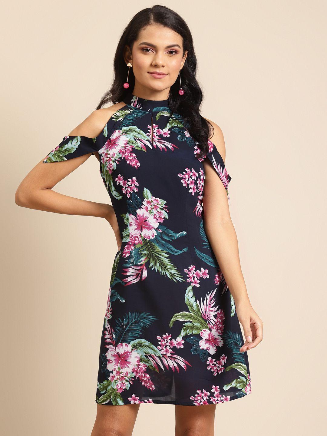 dodo & moa women navy blue & red floral printed cold-shoulder a-line dress